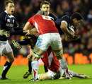 Scotland centre Joe Ansbro is held up by the Welsh defence