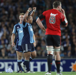 Blues skipper Keven Mealamu celebrates victory over the Crusaders, Blues v Crusaders, Super Rugby, Eden Park, Auckland, February 19, 2011