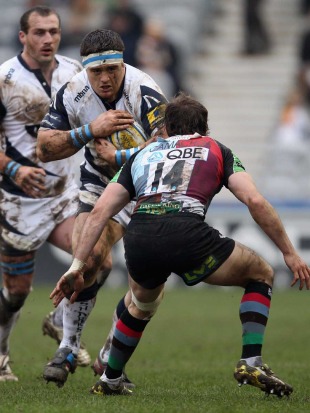 Sale's Andrew Sheridan craddles the ball as he charges into a tackle, Harlequins v Sale Sharks, Aviva Premiership, The Stoop, London, England, February 19, 2011