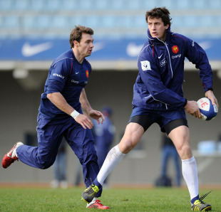 France centre Yannick Jauzion checks for support, France training session, Marcoussis, France, February 22, 2011