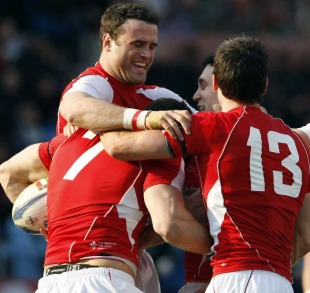 Wales celebrate after Sam Warburton's try, Italy v Wales,Six Nations,  Stadio Flaminio, Rome, Italy, February 26, 2011