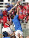 Italy's Parisse vies with Wales' Alun-Wyn Jones at the lineout