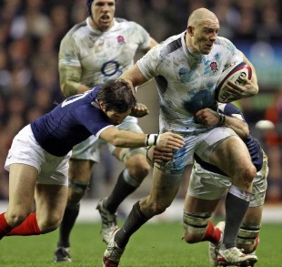 England's Mike Tindall bursts between two French defenders, England v France, Six Nations, Twickenham, London, England, February 26, 2011