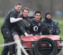 England's Chris Ashton, Dylan Hartley and Shontayne Hape catch a lift