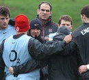 England manager Martin Johnson addresses a team huddle