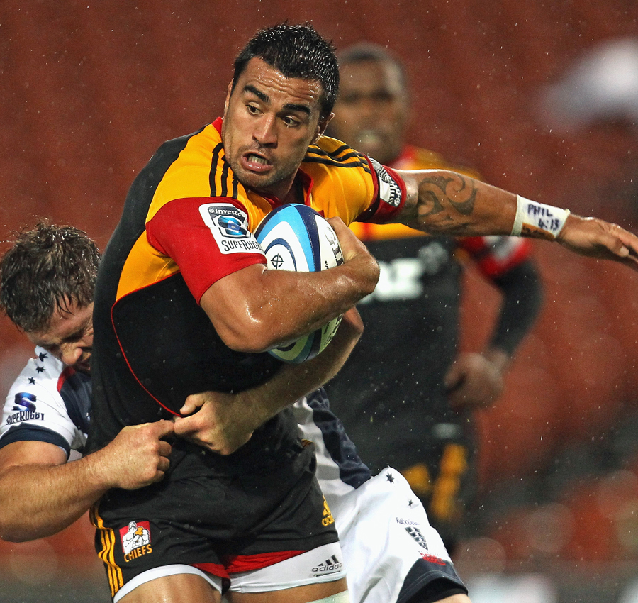 The Chiefs' Liam Messam is tackled, Chiefs v Rebels, Super Rugby, Waikato Stadium, Hamilton, New Zealand, March 5, 2011