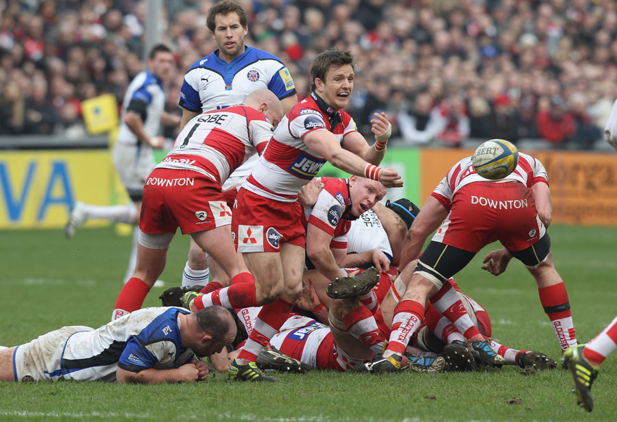 Gloucester scrum-half Rory Lawson fires a pass