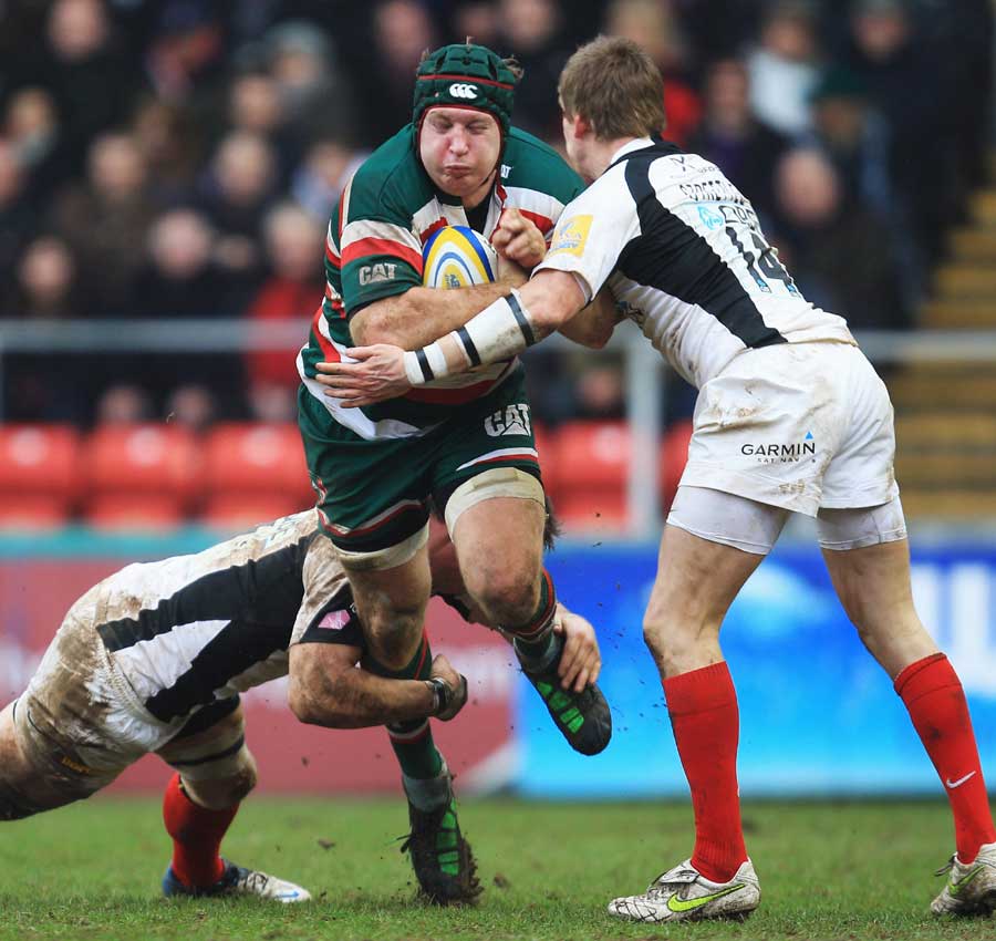 Leicester No.8 Thomas Waldrom carries the ball against Saracens 