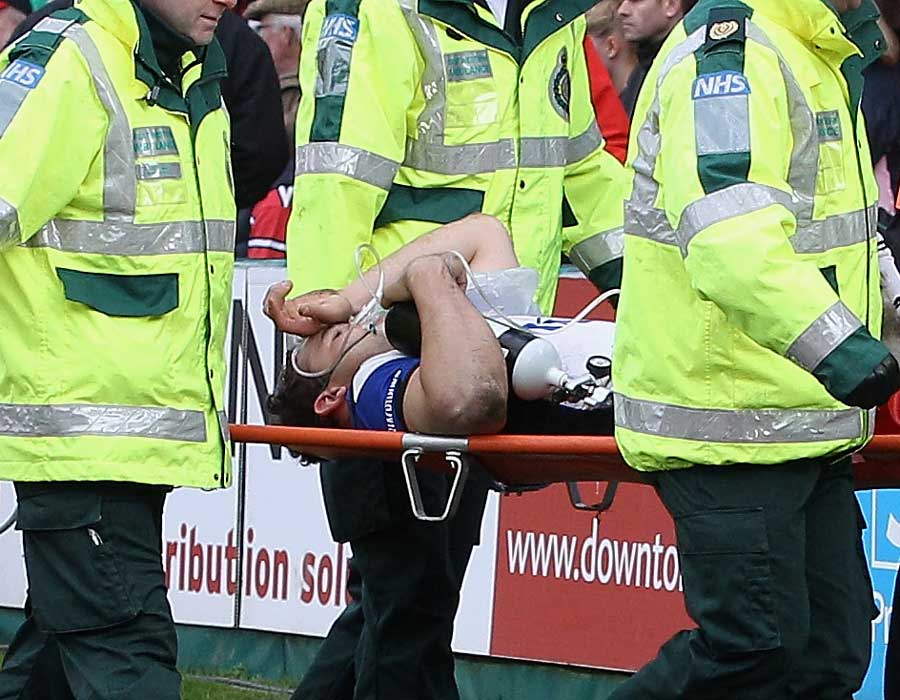 Bath's Olly Barkley is stretchered off after suffering a suspected broken leg, Gloucester v Bath, Aviva Premiership, Kingsholm, Gloucester, England, March 5, 2011