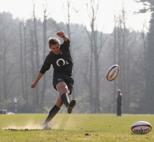 England fly-half Toby Flood practices his goal-kicking, England training session, Pennyhill Park Hotel, Bagshot, England, March 8, 2011 