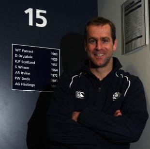 Scotland fullback Chris Paterson poses at his peg in the team changing room, Murrayfield, Edinburgh, Scotland, March 9, 2011