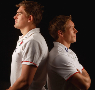 England fly-half duo Toby Flood and Jonny Wilkinson pose together, England media session, Pennyhill Park Hotel, Bagshot, England, March 9, 2011 