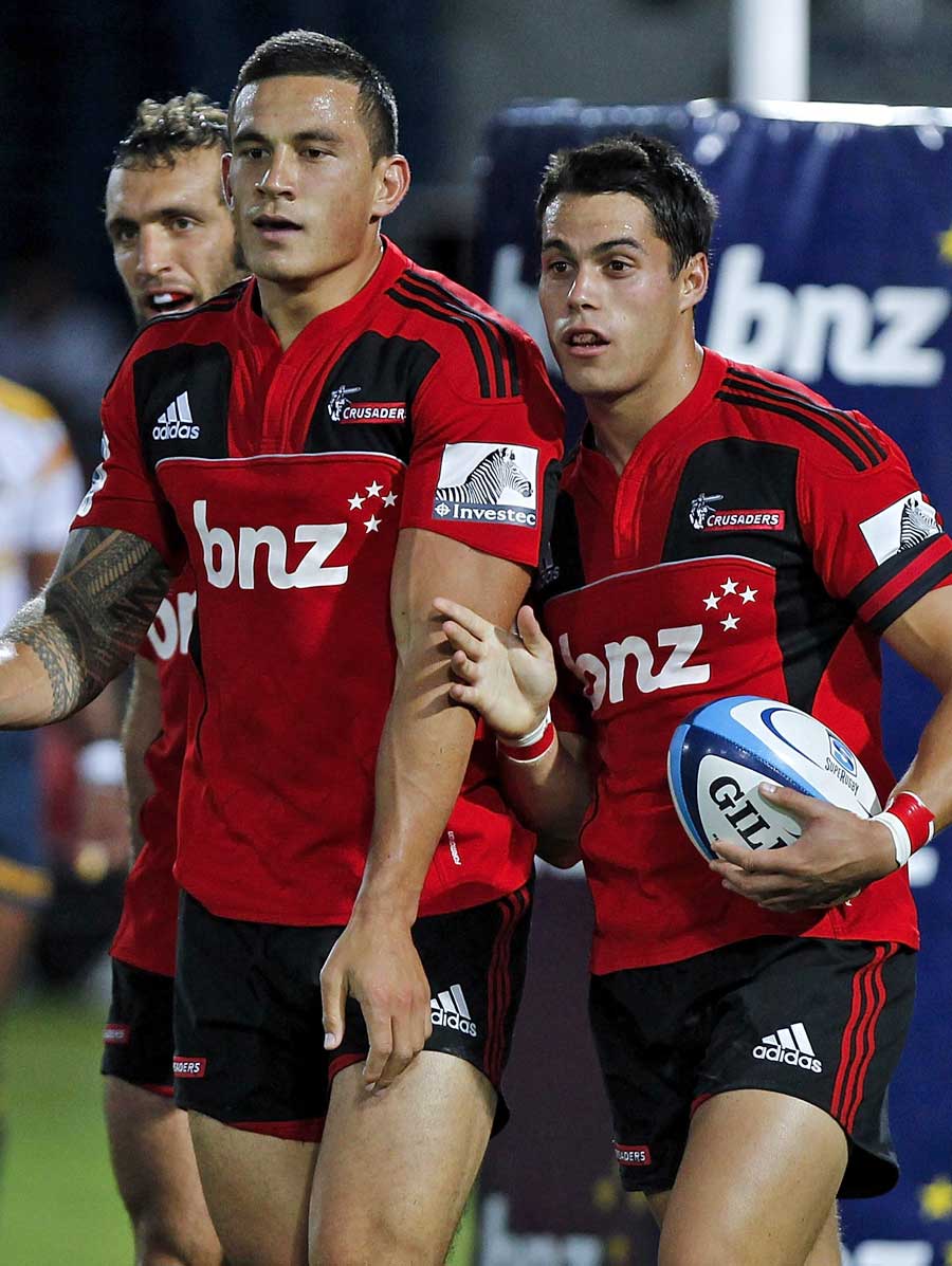 The Crusaders Sonny Bill Williams and Sean Maitland celebrate a score Rugby Union Photo ESPN Scrum