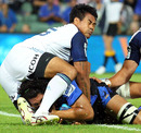 Western Force's Sam Wykes is held-up short of the Blues try line