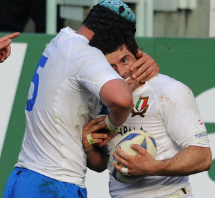 Italy fullback Andrea Masi is congratulated after his try, Italy v France, Six Nations, Stadio Flaminio, Rome, Italy, March 12, 2011