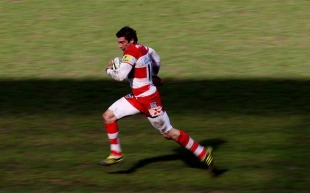 Gloucester fly-half Nicky Robinson races away to score, Gloucester v Dragons, Anglo-Welsh Cup, Kingsholm, Gloucester, March 13, 2011