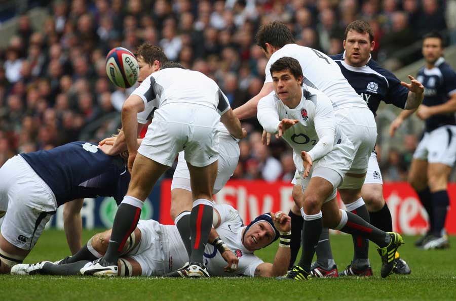 England scrum-half Ben Youngs fires the ball away from a ruck