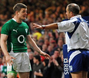 Ireland's Brian O'Driscoll leads the protests after Mike Phillips' try, Wales v Ireland, Six Nations, Millennium Stadium, Cardiff, Wales, March 12, 2011