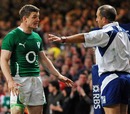Ireland's Brian O'Driscoll leads the protests after Mike Phillips' try