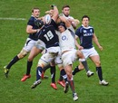 England and Scotland compete for a high ball