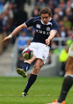 Scotland's Ruaridh Jackson slots a drop goal, England v Scotland, Six Nations, Twickenham, England, March 13, 2011