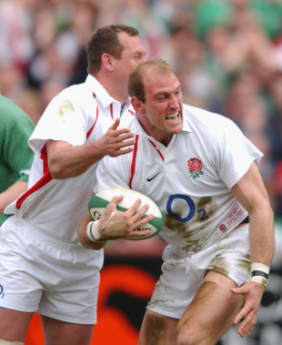 England No.8 Lawrence Dallaglio celebrates a try, Ireland v England, Six Nations, Lansdowne Road, March 30 2003.