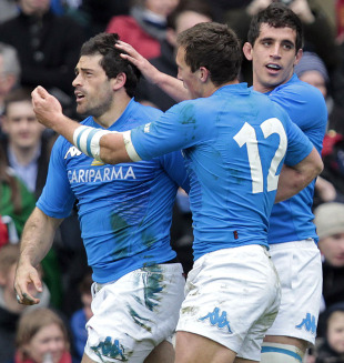 Italy fullback Andrea Masi is congratulated after scoring, Scotland v Italy, Six Nations, Murrayfield, Edinburgh, Scotland, March 19, 2011