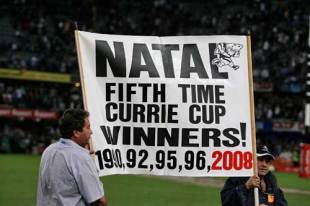 A banner is displayed during the final Absa Currie Cup match between Sharks and Blue Bulls, held at Absa Stadium in Durban, South Africa on October 25, 2008