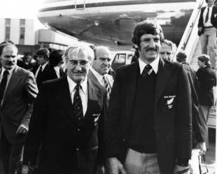 The New Zealand Rugby Team, the All Blacks, manager Russell Thomas and captain Graham Mourie, seen at Heathrow Airport on the arrival of the team to the UK for a nine-week tour. October 12, 1978