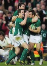 Ireland players celebrate Tommy Bowe's try against England