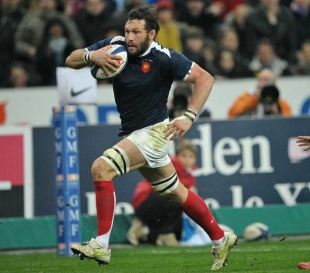 France's Lionel Nallet strides away to score a try, France v Wales, Six Nations, Stade de France, Paris, France, March 19, 2011