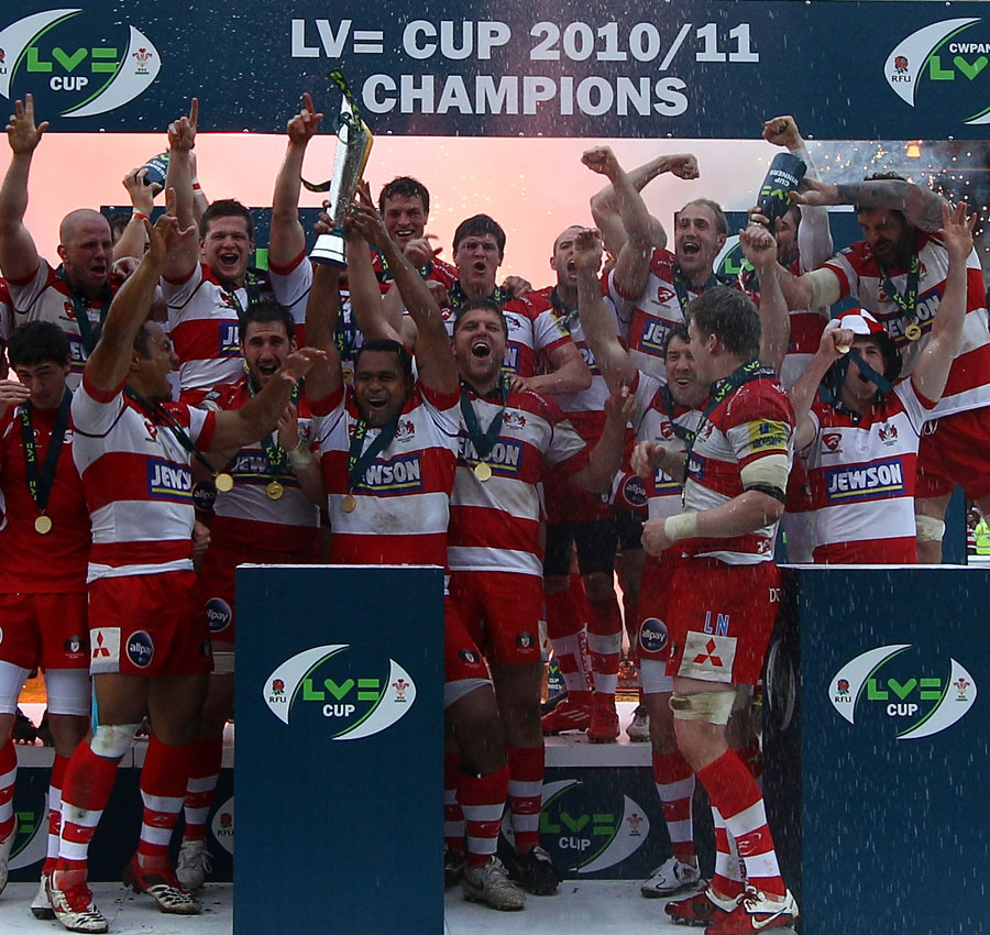 Gloucester celebrate their Anglo-Welsh Cup win