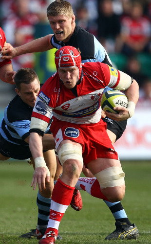Gloucester's Luke Narraway runs away from Jimmy Gopperth and James Hudson, Gloucester v Newcastle Falcons, Anglo-Welsh Cup, Franklin's Gardens, Northampton, England, March 20, 2011