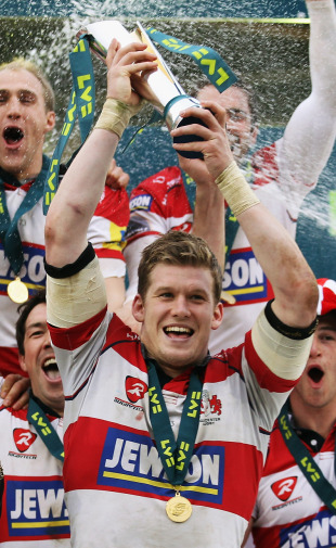 Gloucester captain Luke Narraway lifts the Anglo-Welsh Cup, Gloucester v Newcastle Falcons, Anglo-Welsh Cup, Franklin's Gardens, Northampton, England, March 20, 2011


