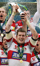 Gloucester captain Luke Narraway lifts the Anglo-Welsh Cup