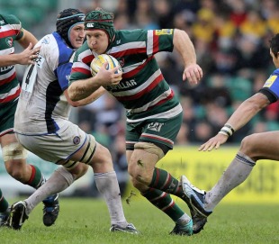 Leicester's Thomas Waldrom splits the Bath defence, Leicester Tigers v Bath, Aviva Premiership, Welford Road, Leicester, England, October 23, 2010