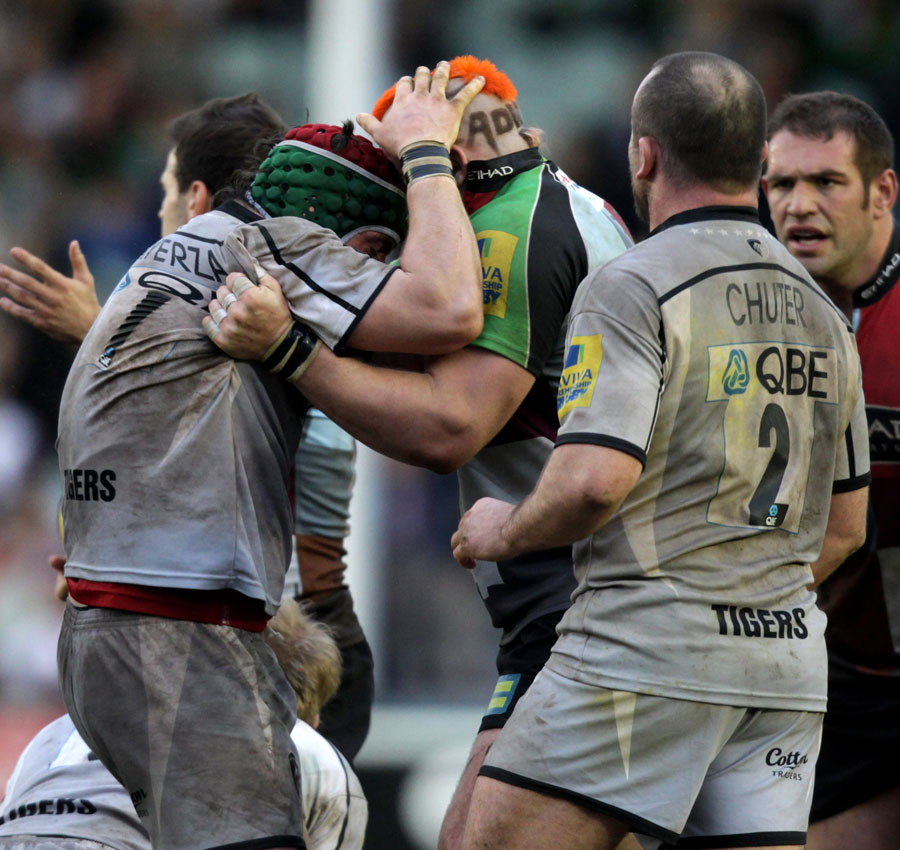 Leicester's Marcos Ayerza and Harlequins' Joe Marler come to blows