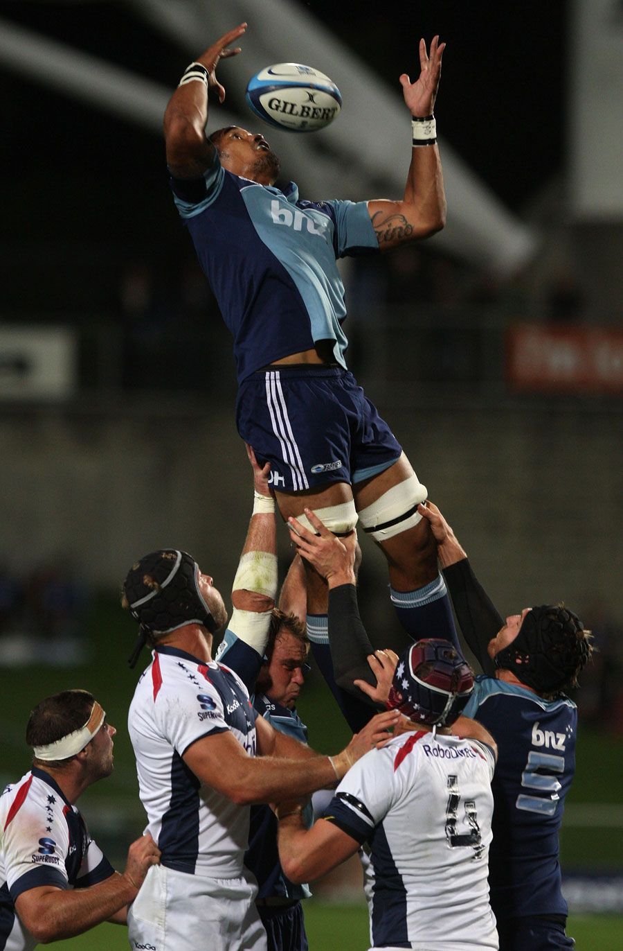 Blues flanker Jerome Kaino claims a lineout