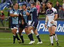 Blues fly-half Stephen Brett is congratulated after his try