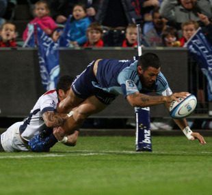 Blues wing Rene Ranger touches down, Blues v Melbourne Rebels, Super Rugby, North Harbour Stadium, North Shore City, Auckland, New Zealand, April 22, 2011