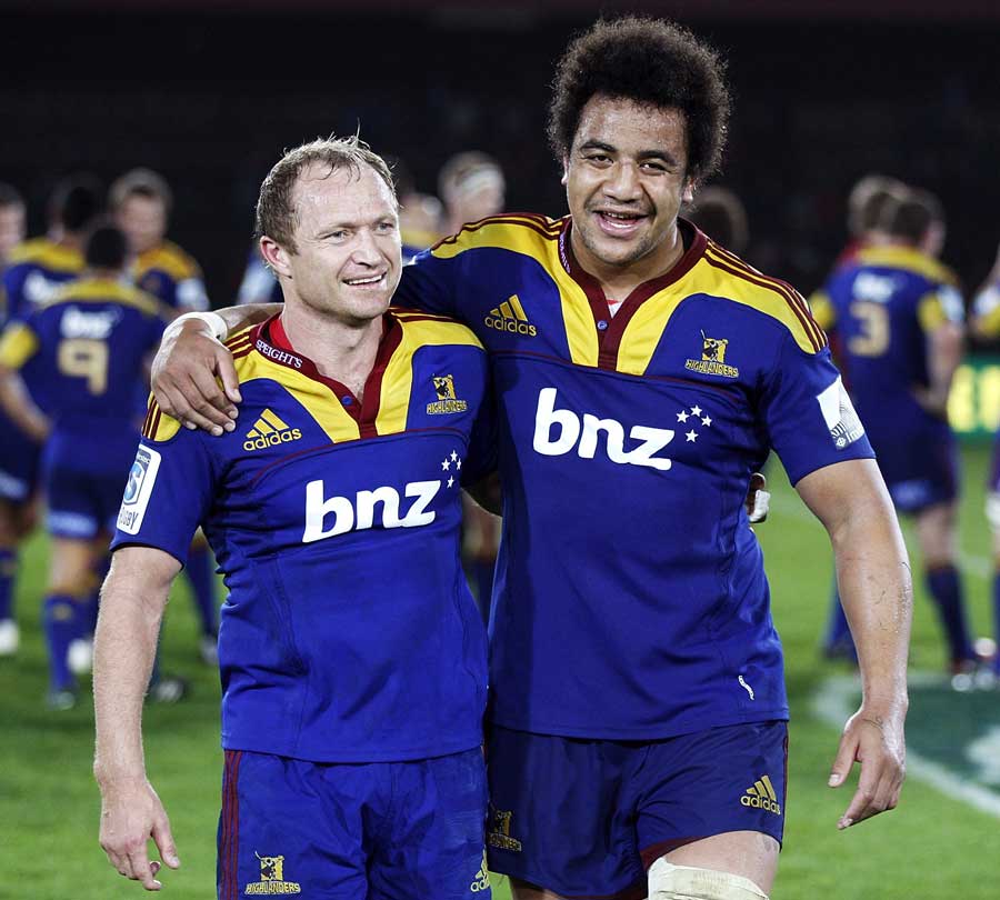 The Highlanders' Tony Brown and Nasi Manu celebrate victory over the Crusaders
