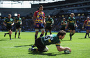 Northampton fullback Ben Foden dives in to score
