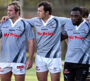 The Sharks' Jannie du Plessis, Bismarck du Plessis and Tendai Mtawarira pack down in training, Sharks training session, Kings Park, Durban, South Africa, May 5, 2011