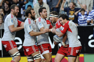 The Crusaders celebrate Wyatt Crockett's try, Stormers v Crusaders, Super Rugby, Newlands stadium, Cape Town, South Africa, May 7, 2011. 