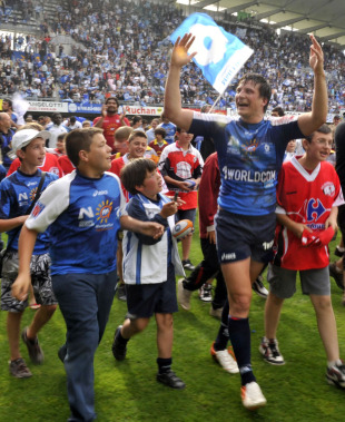 Montpellier fly-half Francois Trinh-Duc celebrates their spot in the play-offs, Montpellier v Toulon, French Top 14,  Yves-du-Manoir stadium, Montpellier, France, May 07, 2011