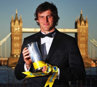 Northampton's Tom Wood poses with the Aviva Premiership Player of the Season award, London, England, May 10, 2011