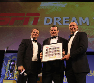 ESPN commentators Austin Healey and Ben Kay present Dream Team skipper Tom Hayes with his award