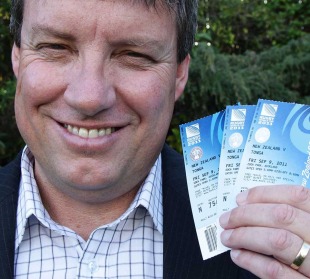 RNZ 2011 boss Martin Snedden poses with some Rugby World Cup tickets, Rugby World Cup ticket launch, Wellington, New Zealand, May 12, 2011  