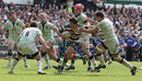 Leicester scrum-half Ben Youngs takes on the Saints defence