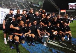 The All Blacks celebrate with the trophy following their win in the Bledisloe Cup match between the Australian Wallabies and the New Zealand All Blacks at Hong Kong Stadium in Hong Kong, China on November 1, 2008.